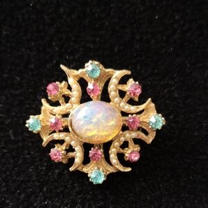 Incredible Vintage Brooch Fire Moonstone, Pink Sapphire (?) Aquamarine, Pearls